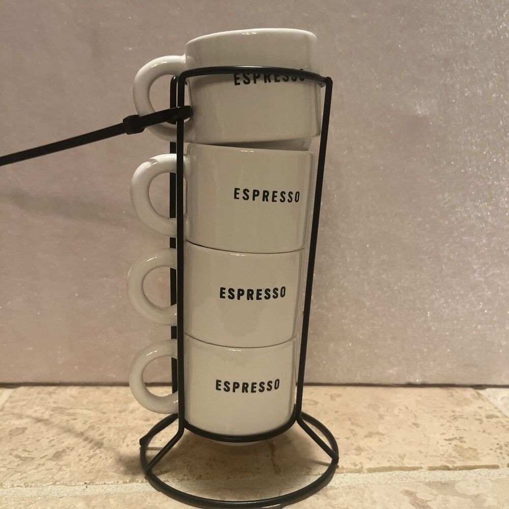 Four Espresso cups w/ metal rack to stack and organize the cups.